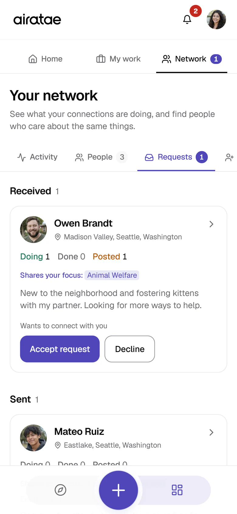 Your network on the Requests view: Owen Brandt from Madison Valley wants to connect, with his public counts, Doing 1, Done 0 and Posted 1, a shared focus on Animal Welfare, his short bio, and Accept request and Decline buttons; below, one sent request to Mateo Ruiz.