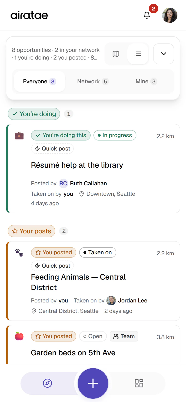 Explore as a list, with the Everyone view and List selected: You’re doing first, with Résumé help at the library in progress, then Your posts, with Feeding Animals in the Central District taken on by Jordan Lee, and Garden beds on 5th Ave.
