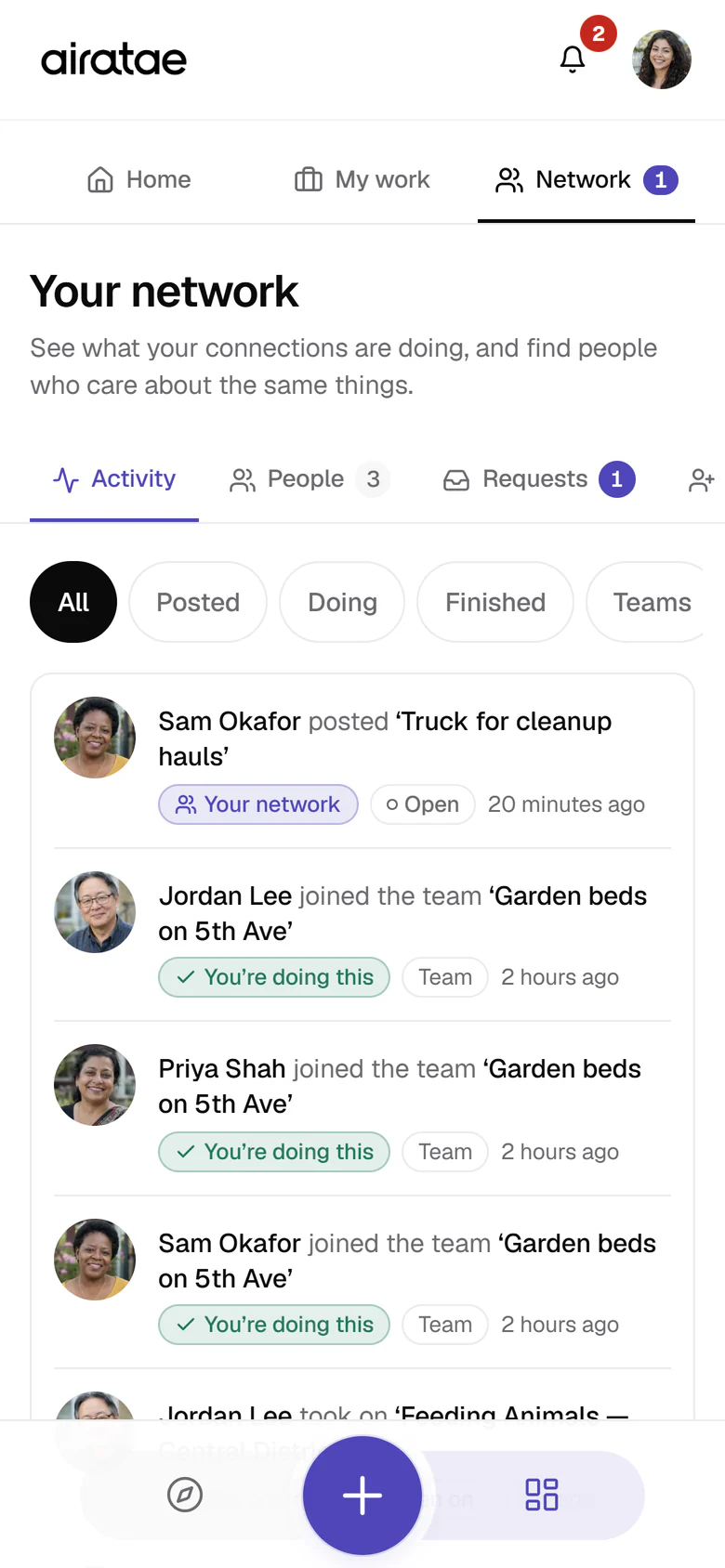 Your network on the Activity view, with filters for all, posted, doing, finished and teams: Sam Okafor posted Truck for cleanup hauls, then Jordan Lee, Priya Shah and Sam Okafor each joined the team Garden beds on 5th Ave.