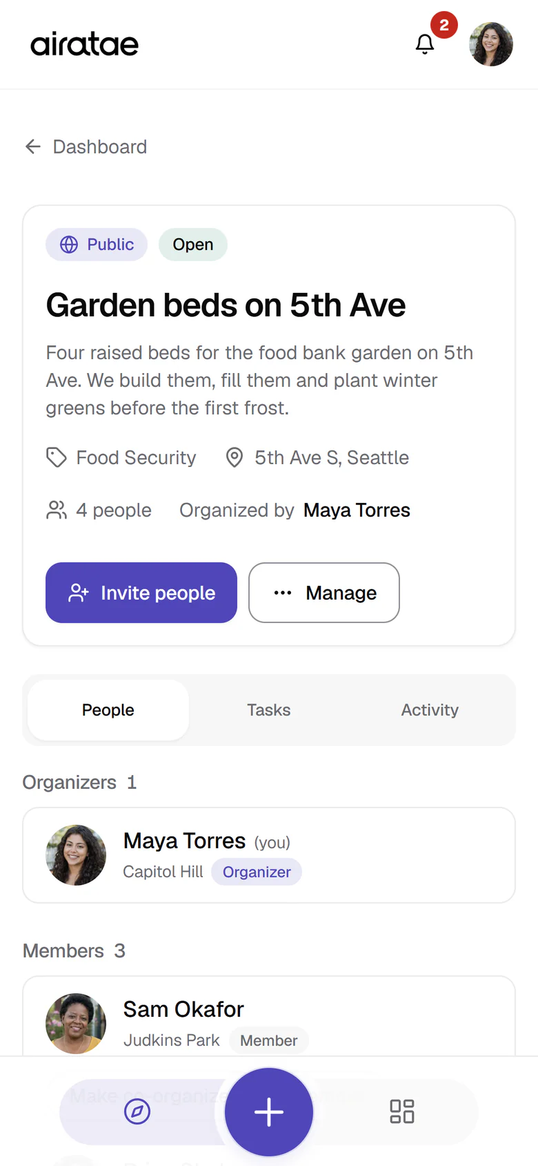 The workspace for the public team Garden beds on 5th Ave: its description, Food Security category, 5th Ave S location, four people with Maya Torres as organizer, Invite people and Manage buttons, and the People tab listing Maya as organizer and Sam Okafor as a member.