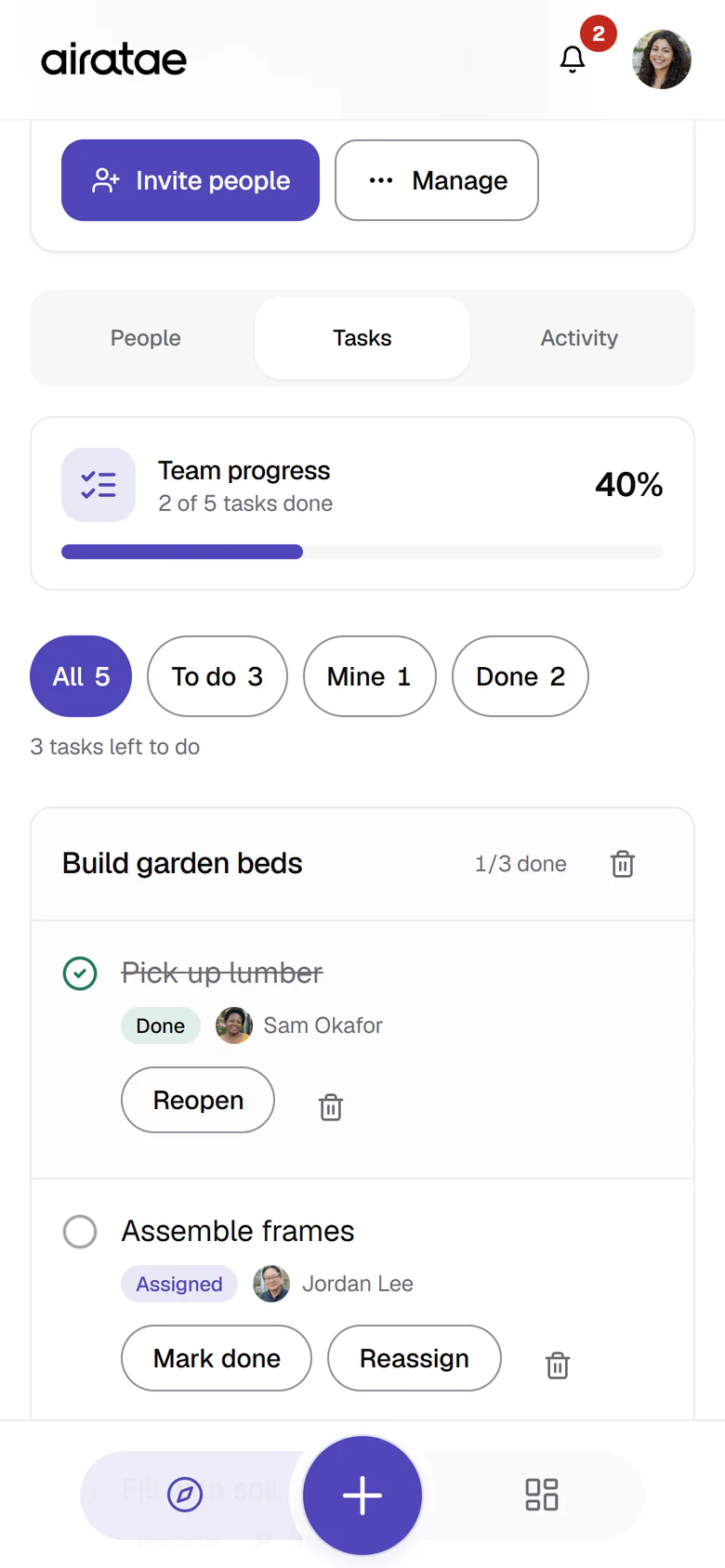 The team’s Tasks tab: 2 of 5 tasks done, 40 percent, filters for all, to do, mine and done, and the Build garden beds action with Pick up lumber done by Sam Okafor and Assemble frames assigned to Jordan Lee.