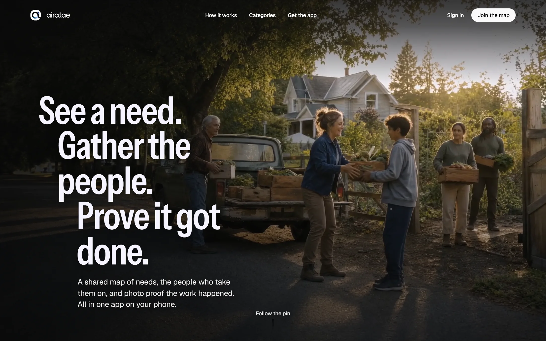 airatae.com on a laptop: the hero film behind the headline “See a need. Gather the people. Prove it got done.”