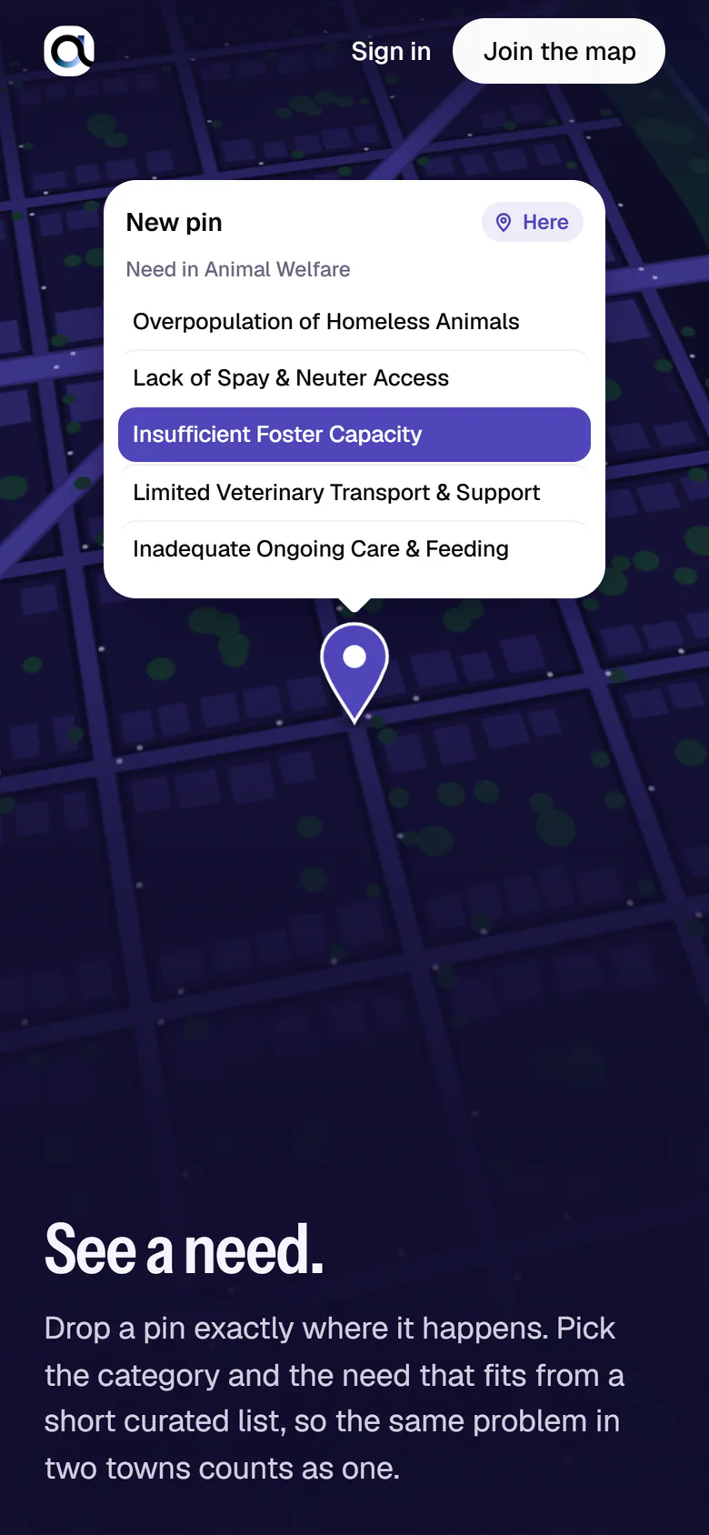 airatae.com on a phone: a pin on the night map with its “New pin” card and a need picked.