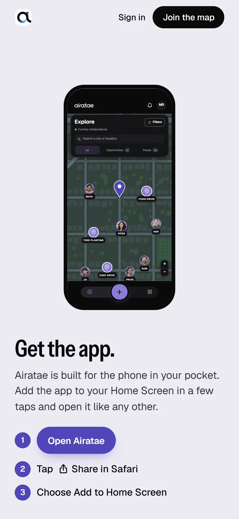 airatae.com on a phone: the app’s Explore screen inside a phone, above “Get the app.” and its install steps.